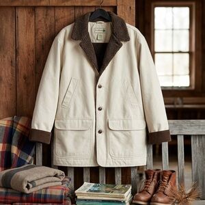 LL Bean Mens Barn Coat Jacket L Khaki Fleece Canvas Chore Pockets Vintage